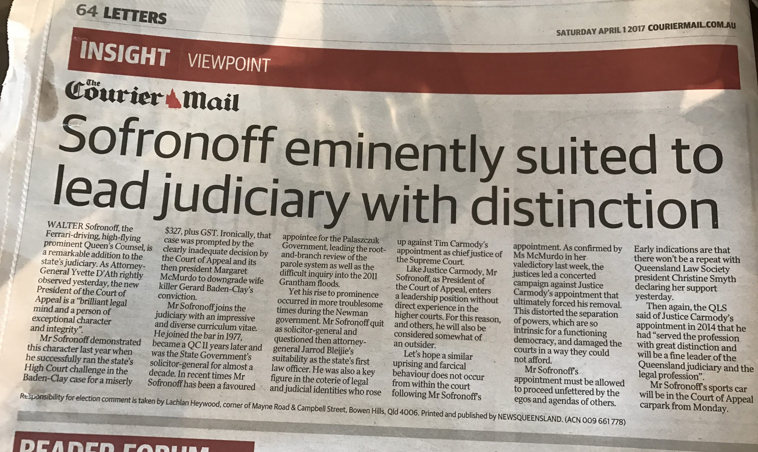 “Sofronoff eminently suited to lead judiciary with distinction”